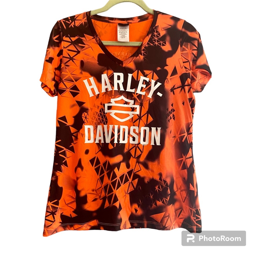 Harley Davidson V Neck Black Orange Geo Print El Paso TX Workout T Shirt Sz M